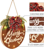 HOMCDALY Merry Christmas Sign for Front Door, Wooden Hanging Sign Door Decoration with 12 LED Light, Winter Welcome Wreath indoor outdoor Décor, Christmas Decoration.