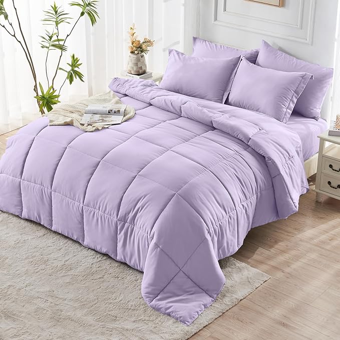 JOLLYVOGUE King Comforter Set, Ultra-Soft Bed in a Bag King Size 7 Pieces, Oeko-TEX Certified Bedding Set with Down Alternative Comforter, Sheets, Pillowcases & Shams, Lavender