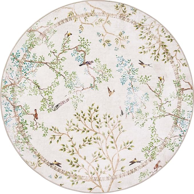 jinchan Round Rugs 6ft Ivory Botanical Birds Print Machine Washable 6' Circle Nature Plants Modern Soft Non Slip Kids Throw Area Rugs Ultra Thin Low Pile Carpet for Living Room Bedroom Dining Room