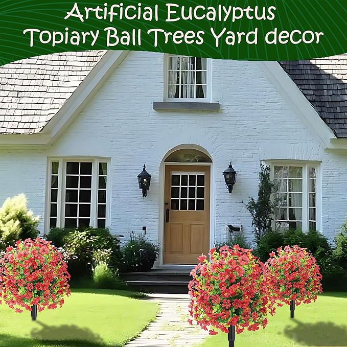 22.8" Set of 2 Fall Artificial Boxwood Topiary Ball with Spikes,UV Resistant Fake Outdoor shrubs with Violet Flowers, Realistic Faux Plants Bushes for Garden Front Porch Yard Patio Decor(Red)