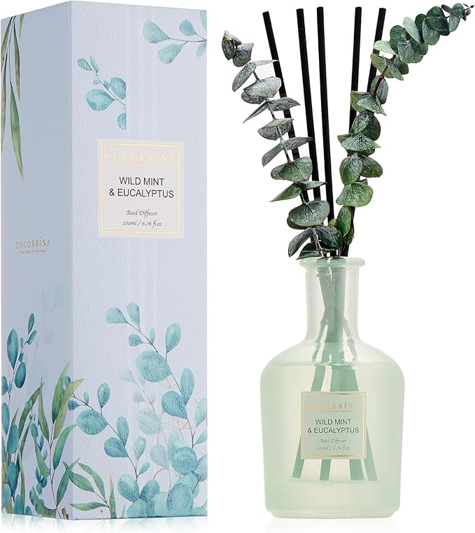 COCORRÍNA Eucalyptus & Wild Mint Reed Diffuser – 6.76 oz Essential Oil with Sticks & Dried Eucalyptus, Home Fragrance for Bedroom or Bathroom Décor