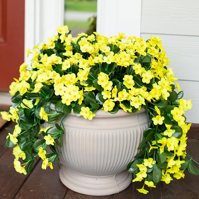 Artificial Faux Hanging Plants Flowers for Outdoor Fall Autumn Decor, 2 PCS Fake Silk Daisy Mums Yellow Orchid Long Vines UV Resistant Realistic for Outside Home Porch Patio Balcony Planter