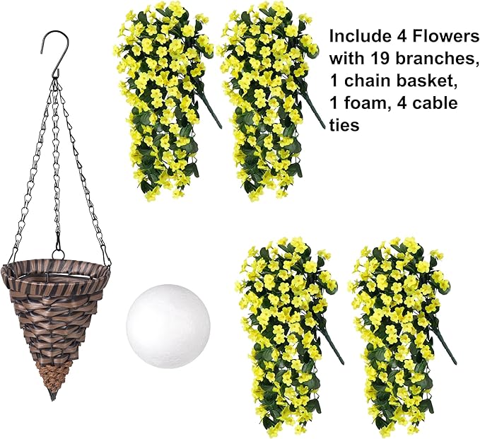 HyeFlora Artificial Fake Hanging Outdoor Flowers Plants Basket, Faux Silk Yellow Orchid Flowers UV Resistant Realistic Hanging Planter for Outside Porch Patio Home Garden Yard Decoration