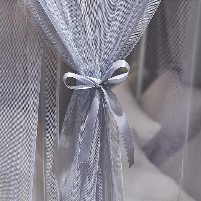 VETHIN 4 Corners Post Princess Bed Canopy Curtain Double Layer Cozy Drape Netting 4 Opening Mosquito Net for Girls & Adults Bedroom Decoration Accessories (Double Gray, 78" W*86" L*82"*H/(King))