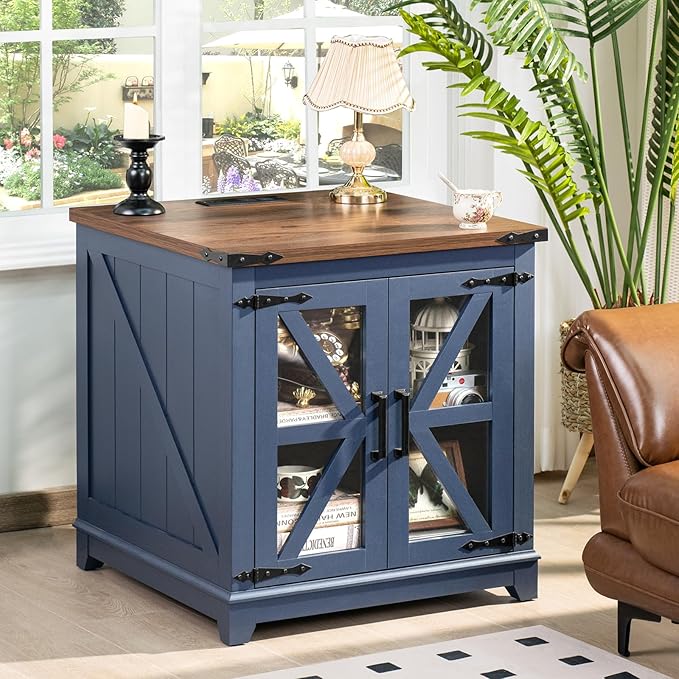 Farmhouse End Table with Charging Station, 24" Large Sofa Side Table with Glass Barn Door, Blue Nightstand with Adjustable Storage Shelf,Wood Square Bedside Table for Living Room,Bedroom