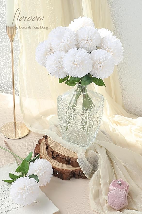 Floroom 12pcs Cream Faux Silk Mums Artificial Flowers Bulk Fake Chrysanthemums with Stems for DIY White Wedding Bouquets Table Centerpieces Floral Arrangements Fillers Home Decorations