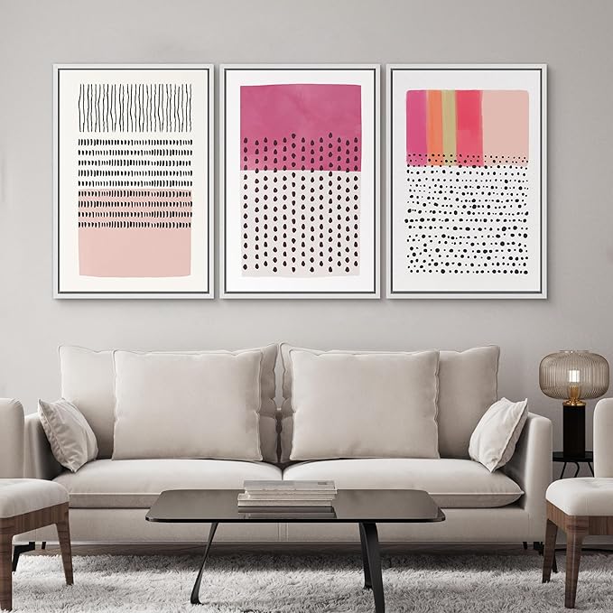 SIGNWIN Framed Canvas Print Wall Art Set Pink Geometric Color Block Collage Abstract Shapes Illustrations Modern Art Contemporary Minimal Ultra for Living Room, Bedroom, Office - 24"x36"x3 White