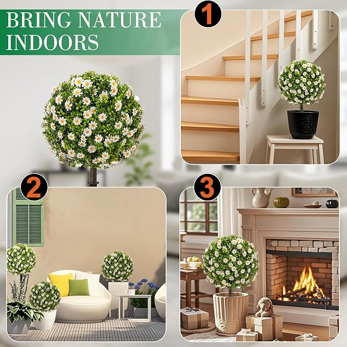 25" Artificial Boxwood Topiary Ball Trees with Daisy Flowers, Set of 2 UV Resistant No Fade Outdoor Faux Plants with Ground Spike, Fake Shrubs for Garden, Patio, Porch, Yard, Indoor Decor