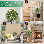 25" Artificial Boxwood Topiary Ball Trees with Daisy Flowers, Set of 2 UV Resistant No Fade Outdoor Faux Plants with Ground Spike, Fake Shrubs for Garden, Patio, Porch, Yard, Indoor Decor