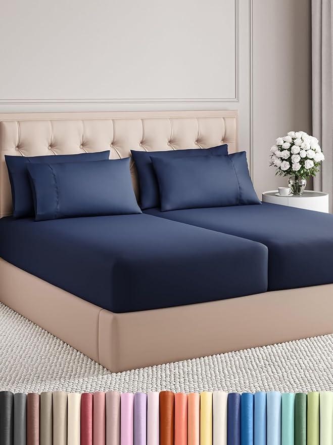 Split King Bed Sheet Set - 7 Piece Split King Bed Sheet Set - Soft Hotel Luxury Bedding - Cooling, Comfy & Breathable - 1 Flat & 1 Fitted & 4 Pillowcases with Deep Pockets - Wrinkle Free - Navy Blue