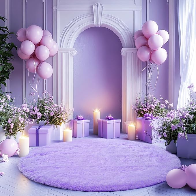 CAIYUECS Purple Round Fluffy Rug for Bedroom: Circle Rugs for Kids Room- Plush Shag Area Rug for Girls- Fuzzy Soft Bedroom Rug, Cute Room Decor, Purple