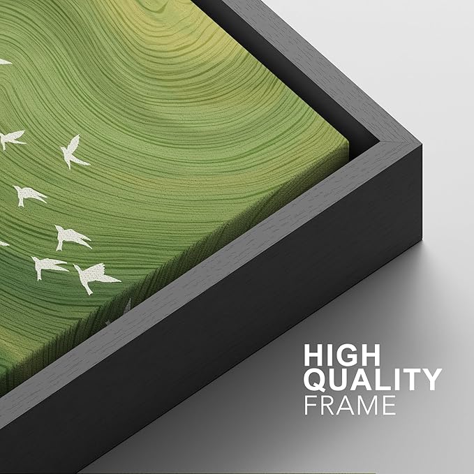 SIGNFORD Framed Canvas Print Wall Art Set Green Swirl Abstract White Birds Illustration Modern Art Decorative Nordic Nature for Living Room, Bedroom, Office - 24"x36"x2 Black