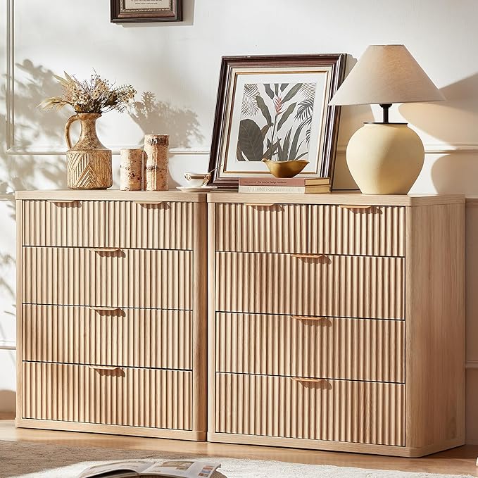 LEYAOYAO Fluted 5 Drawers Dresser for Bedroom, 34" Tall Modern Chest of Drawers with Metal Handle, Curved Profile Design,Natural Wood Drawer Organizer for Bedroom, Living Room, Hallway, Entryway