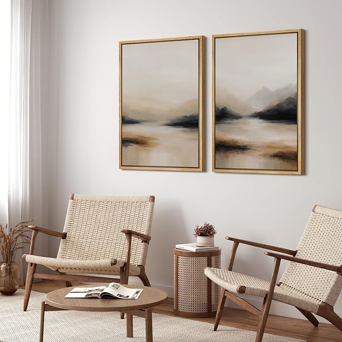 SIGNFORD Framed Canvas Print Wall Art Set Abstract Mountain Landscape Neutral Beige and Black Illustration Modern Art Decorative Nordic Nature for Living Room, Bedroom, Office - 24"x36"x2 Natural