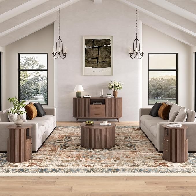 63" Storage Cabinet with Doors,Sideboard Buffet Cabinet, Accent Console Cabinet with Solid Wood Legs and Drawers,Fluted Buffet Table for Living Room, Entryway, Kitchen, Walnut