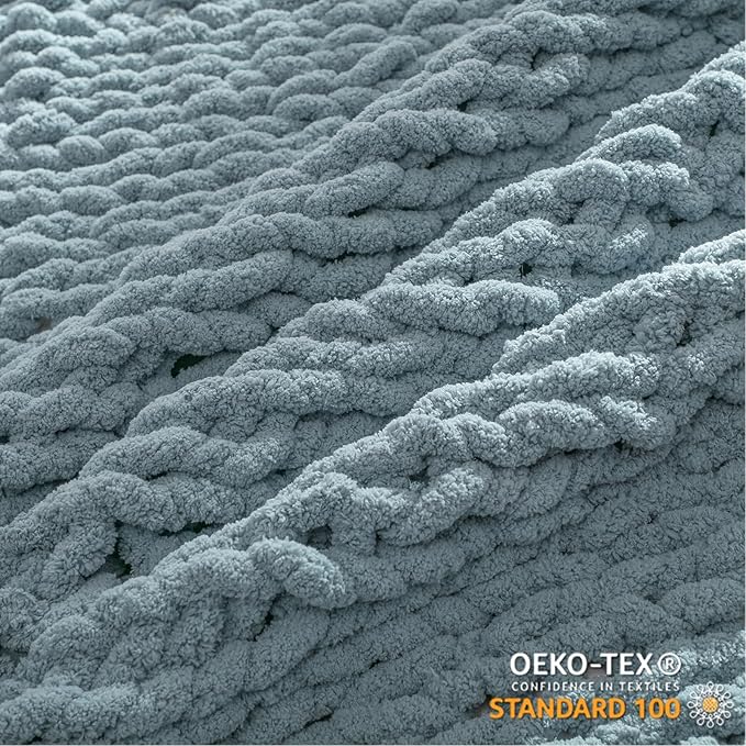 WESHIONGOO Chunky Knit Blanket Throw 50"×60" Knitted Throw Blankets for Couch Bed Fluffy Soft Blanket with Jumbo Chenille Yarn Thick 100% Handmade(Dusty Blue)
