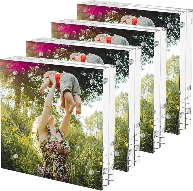 Acrylic 4x4 Square Picture Frame 4 Pack, Magnetic Picture Frames for 4x4 or 3x3 Pictures Display, Photo Frames Desktop Display, Freestanding
