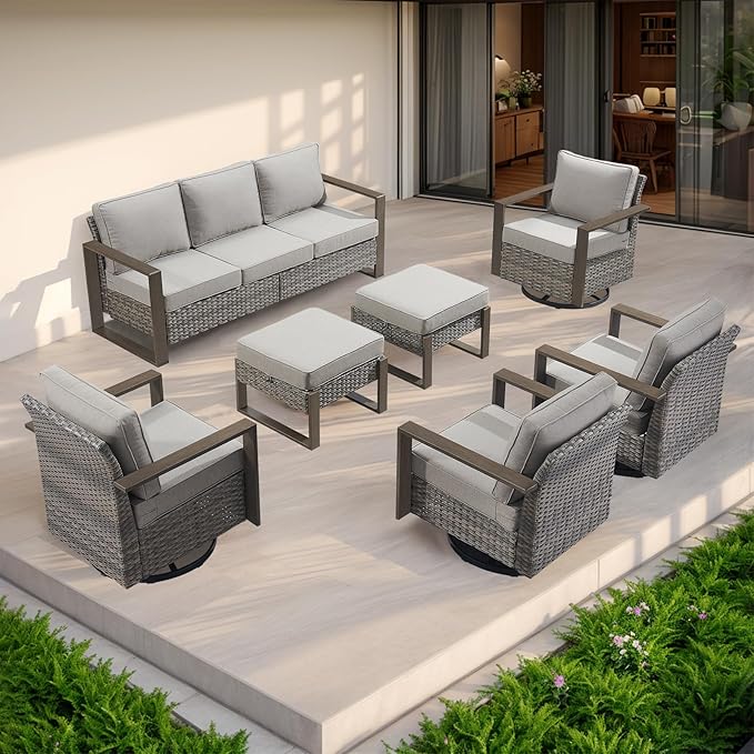 Outdoor Ottoman Wicker Patio Footrest - 2 Piece Wicker Footrest Footstools Set with Sturdy Frame,All-Weather PE Wicker, Thick Cushions for Deck Porch Garden(Mixed Grey/Grey)