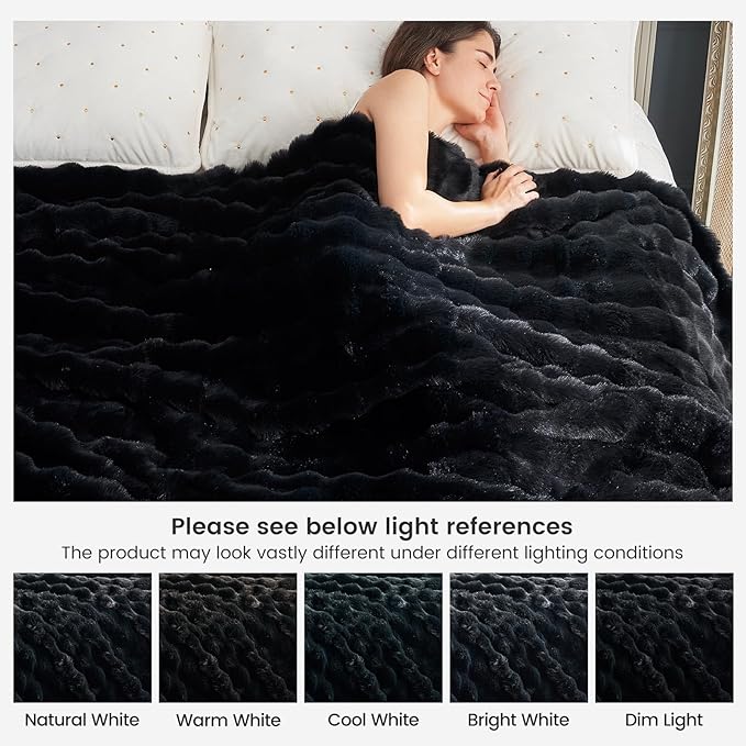 Cozy Bliss Faux Fur Throw Blanket for Couch, Fuzzy Soft Plush Thick Bubble Blanket for Sofa Bedroom Living Room, 50 * 60 Inches Black