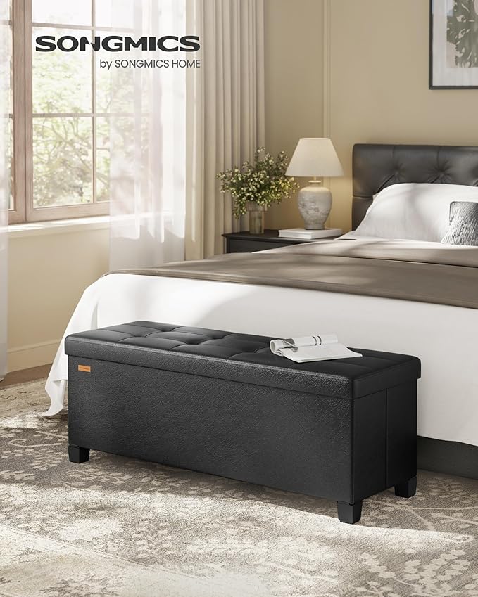 SONGMICS Storage Ottoman, Storage Bench with Legs, 15 x 43 x 15.7 Inches, Ottoman Bench, 30 Gal. (112 L), Synthetic Leather, for Living Room, Entryway, Ink Black ULSF0514B02
