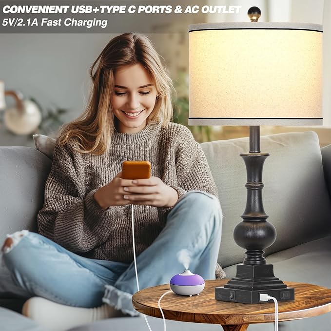 Farmhouse Table Lamps Set of 2, Vintage Bedside Lamps with USB A+C Charging Ports & AC Outlet, 26" Rustic Nightstand Lamp for Living Room Bedroom End Table Wash Black(2 LED Bulbs Included)