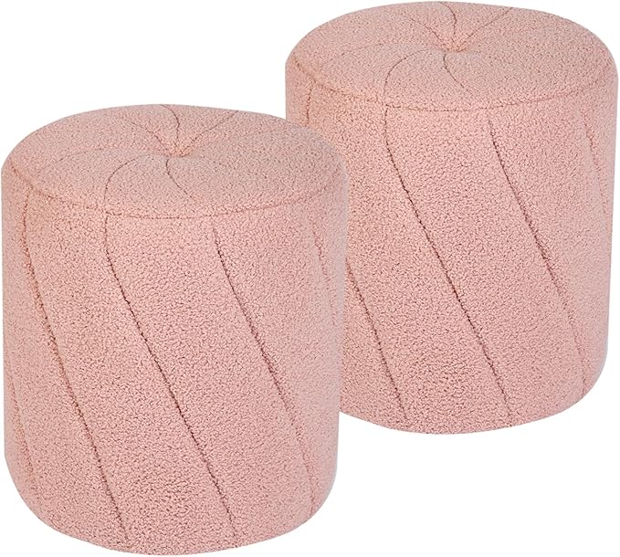 Modern Round Ottoman 2Pcs, Spiral-Tufted Foot Stool Ottoman, Teddy Fleece Upholstered Vanity Stool for Makeup, Bedroom, Living Room, Pink