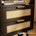 Rattan Nightstand,Farmhouse Bedside Table with 2 Storage Drawer and Open Wood Shelf, for Bedroom and Small Spaces,Night Stand with Solid Wood Legs (Black)