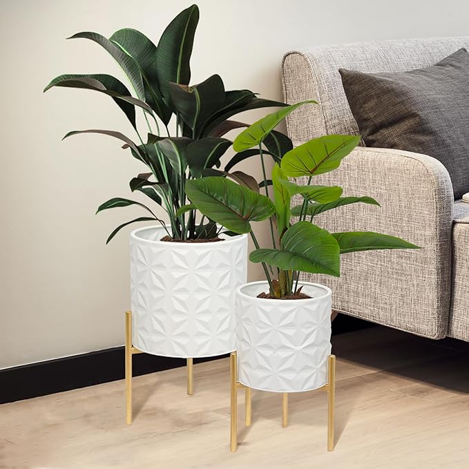 ARNIS Modern Planter Pots, Set of 2 Large Planters with Stand, Decorative Planters, Metal Pots with Drainage Holes for Living Room, Office, Garden or Balcony, 8.25 &10.5 Inch, Matte White