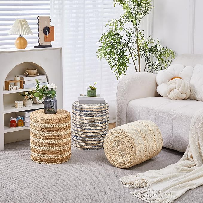 Wimarsbon Natural Seagrass Foot Stool, Hand Weaving Round Ottoman, for Living Room, Outdoor Seat (Beige Corn)