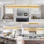 Crystal Brass Rectangle Chandeliers for Dining Room, 54in Gold Farmhouse Chandeliers for Dining Room, Modern Rectangle Crystal Chandelier for Kitchen Island Living Room, Includes 60XG4 Bulbs