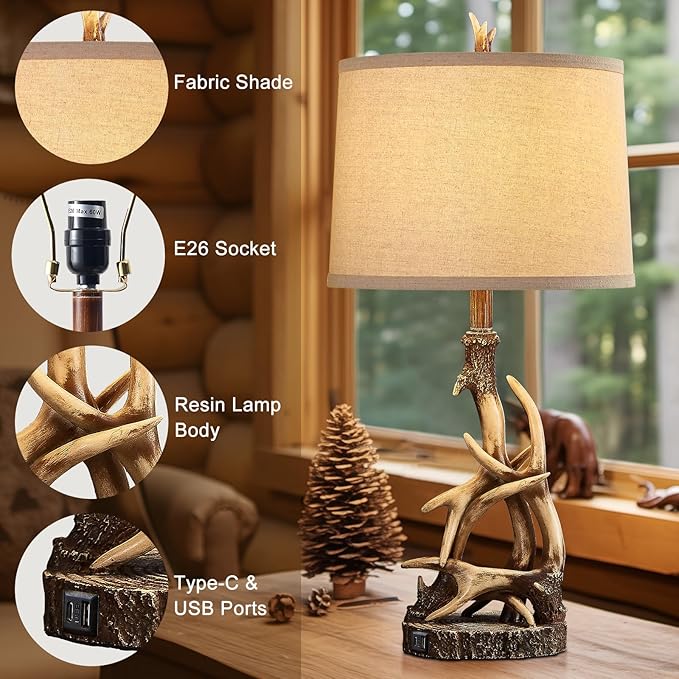 Rustic Table Lamp 27.25'' Tall Deer Antler Lamps for Living Room End Table with USB Port Western Country Lamps for Bedroom Cabin Bedside Lamps for Nightstand, Single, Bulb Not Included