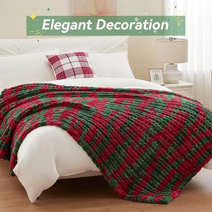 Chunky Knit Throw Blanket, 40''*50'' Knitted Throw Chenille Yarn for Bed Couch, Handmade Stripe Crochet Big Thick Blanket, Machine Washable Cute Comfy Blanket for Home Decor