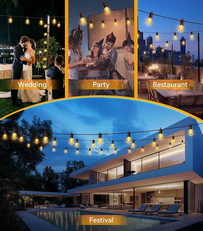Outdoor String Lights Patio LED Light Outside - 60M IP65 Waterproof 58+2 S14 LED 200ft Porch Lighting