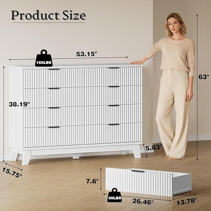 53" Tall Dresser for Bedroom, 8-Drawer Fluted Chest of Drawers, Modern Wood Highboy with Metal Slides and Handles, Anti-Tip Kit, Vertical Clothes Storage Organizer for Apartment, Closet