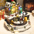 taman Christmas Village Houses - Collectible Buildings with Moving Train, Family & Snowman, Warm Light Musical Ornaments for Christmas Holiday Decorations