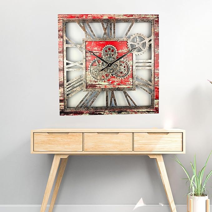 The Gears Clock 24'' Inch Square Real Moving Gear Wall Clock Vintage Industrial Oversized Rustic Farmhouse (Red Lava)
