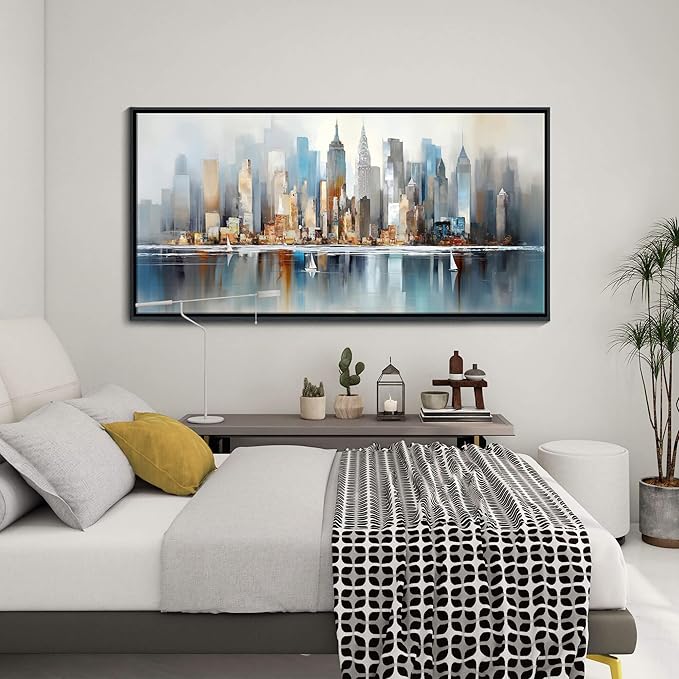 DUNHUANG ART Modern New York City Skyline Wall Art - Large Framed Abstract Canvas Painting for Home & Office Decor - Vibrant NYC Cityscape Picture - 30"x60"