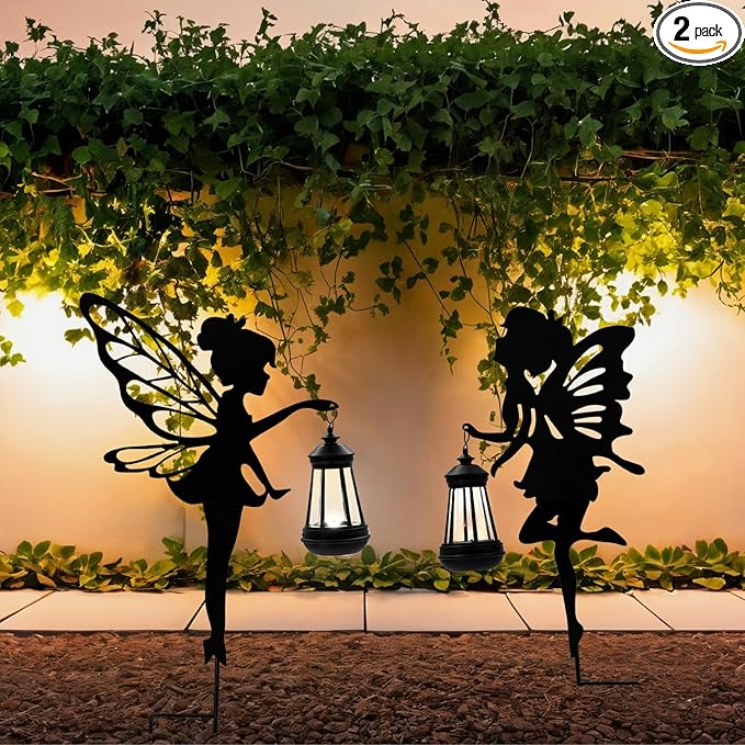 Solar Fairy Garden Decor Lights, 2 Packs, Metal Hanging Lanterns with Warm Solar Glow – Exquisite Gifts for Women, Mom, Friends (Fairy Hanging Lantern)