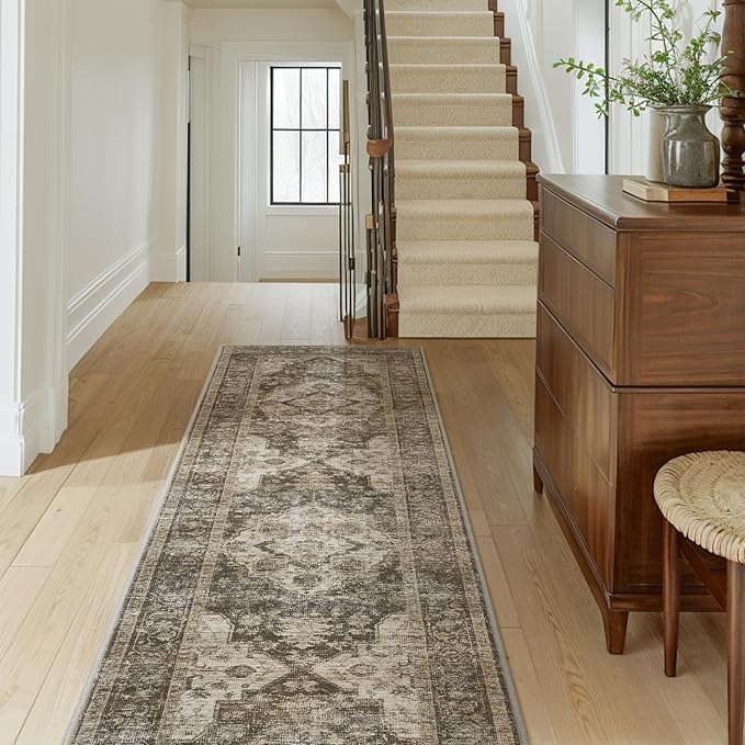 AMOAMI-2X10 Runner Rug-Washable Runners for Hallways-Soft Non Slip Bedside Rugs for Bedroom-Vintage Long Rug for Hallways Entryway Laundry Room Stair Kitchen Bathroom Brown/Coffee