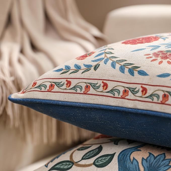 patdrea Designer Throw Pillow Covers Set of 4,Brilliant Vintage Red Tropical Linen with Floral Pattern Pillow Cover,Decorative Lumbar and Square Pillowcases Cushion for Bed Living Room Outdoor