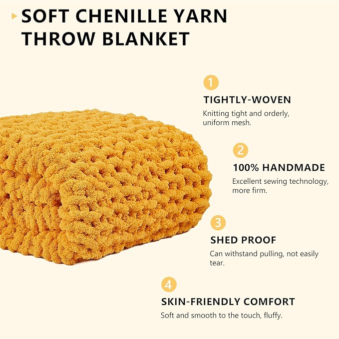 L'AGRATY Chunky Knit Blanket Throw - Soft Chunky Throw Blanket 30x40: 100% Hand Kintted Chenile Crochet Throw Blanket for Couch - Large Cable Knit Chunky Blanket for Home Decor(Mustard Yellow)