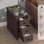 HIFYOBRO 3 Drawers End Table with Flip Top Charging Station, Narrow Side Table with Power outlets, Wooden Nightstand, End Table with Storage for Living Room and Bedroom