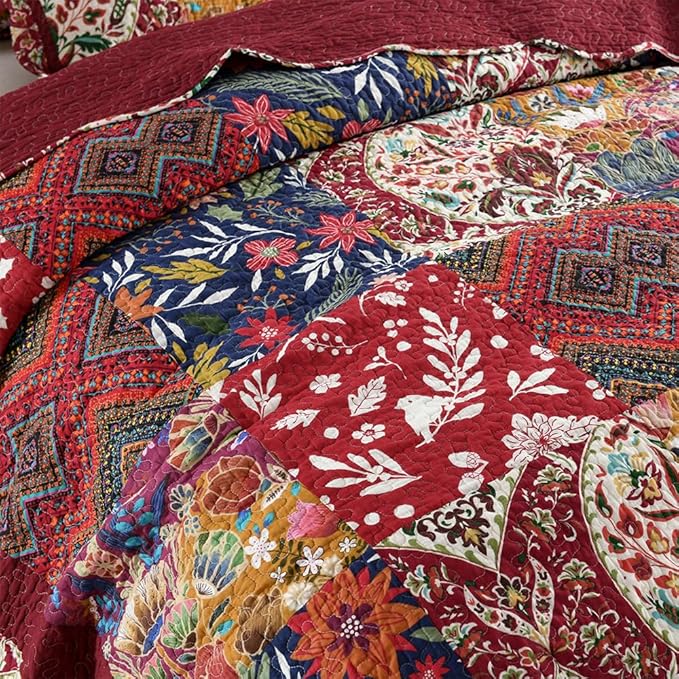 ENASAL Cotton Bedspread Quilt Sets Reversible Bedding Coverlet Sets Comforters Vintage Luxury Damask Floral Real Patchwork Burgundy Bedspread,Queen Size