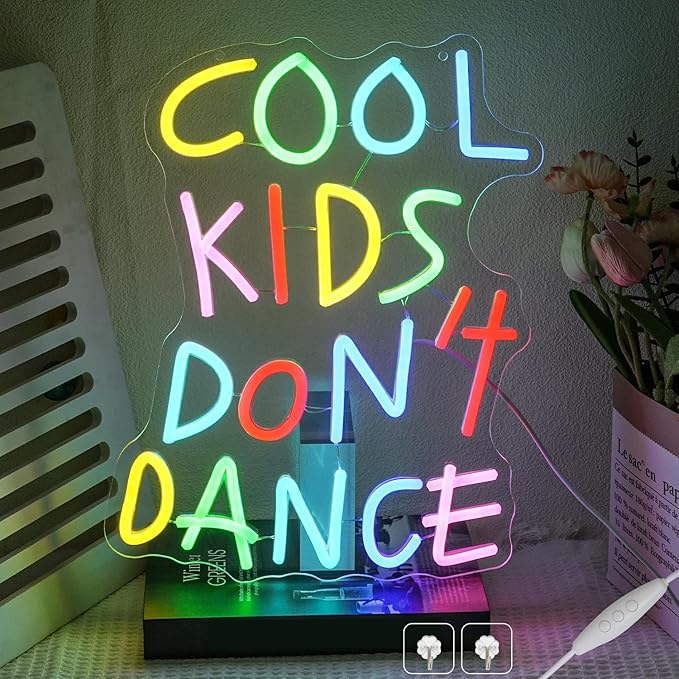 Cool Kids Don't Dance Neon Sign for Wall Decor, Cool Kids Letter Neon Light Wall Art, Dimmable Colorful Classroom LED Light Up Sign for Bedroom, Library, Classroom, Bookstore