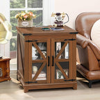 Farmhouse End Table with Charging Station, 24" Large Sofa Side Table with Glass Barn Door, Green Nightstand with Adjustable Storage Shelf, Wood Square Bedside Table for Living Room, Bedroom