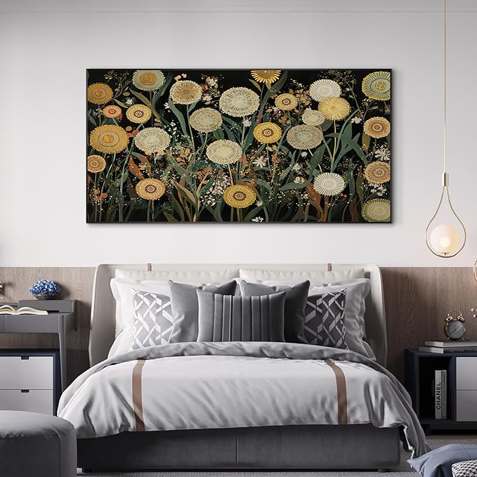 SIGNWIN 36"x72" Extra Large Framed Wall Art Whimsical Dandelion Field in Yellow and Green, Playful Botanical Print for Home Living Room Bedroom Decor (Frame Assembly Required)