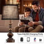 22'' Bedside Lamps for Bedroom Set of 2 Rustic Farmhouse Nightstand Lamps with USB A+C Charging Ports Traditional Table Lamps for Living Room Office, Wooden Finish, Black, Bulbs Not Include