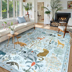 OJIA Animal Area Rugs 8x10, Soft 8x10 Washable Rugs for Living Room Bedroom, Non-Slip Boho Ultra-Thin Dining Room Rug Large Throw Carpet for Farmhouse Playroom Office, Light Blue