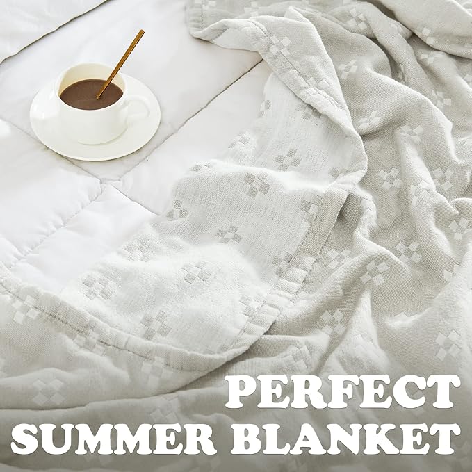 jinchan Boho 100% Cotton Blanket Muslin 50x60 Inches Lightweight 3-Layer Geometric Cross Pattern Reversible Quilt Throw Soft Breathable Comfy All Seasons for Couch Bed Decor, Light Grey