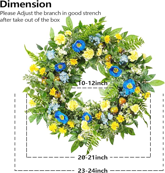 WANNA-CUL 24 Inch Spring Summer Carnation Wreaths for Front Door, Spring Front Door Wreath with Blue &Yellow Flowers Door Wreath with Pomegranates,Daisy for Wedding